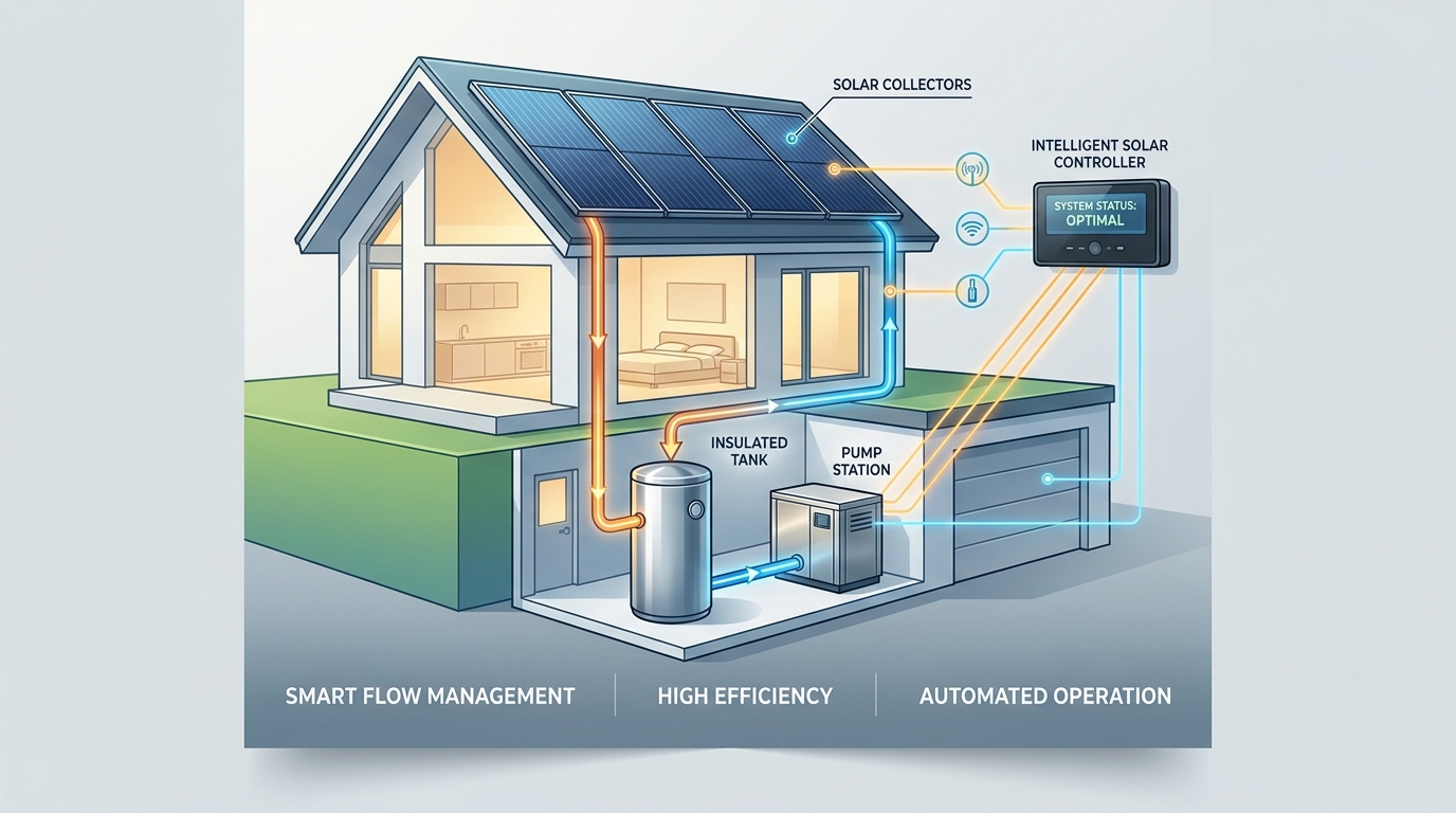 Intelligent solar hot water controller managing collectors, pump station, insulated tank and automated flow in an active solar heating system